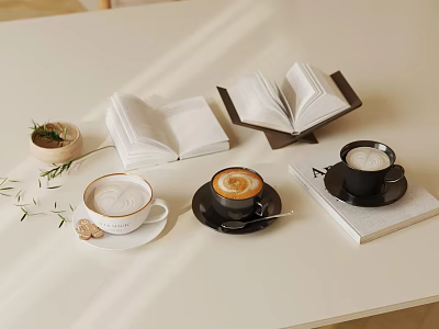 Elegant Decorative Ornament Set with Open Books Coffee Cups Small Potted Plant Decorative Twigs 3d model