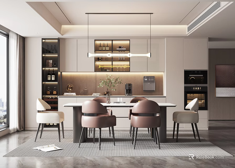 Modern Restaurant Interior Design With Dining Table Chairs Pendant Lights And Cabinets 3d model 