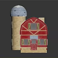 Red Barn and Blue Dome Tower Architectural Model with Brick Structure and Wooden Details