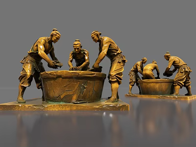 Traditional Bronze Landscape Sculpture Depicting Multiple Labor Figures Working Around Basin 3d model
