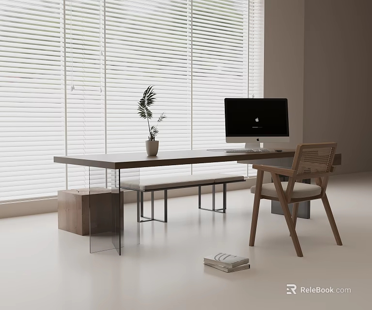 Modern Desk Setup With Potted Plant Computer Chair And Window Blinds 3d model