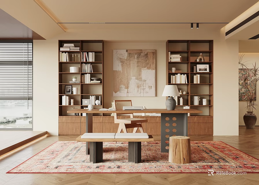 Wooden Study Room Interior With Bookshelves Books Desk Chair Table Lamp And Rug 3d model 
