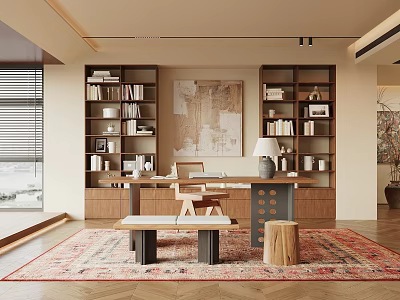 Wooden Study Room Interior With Bookshelves Books Desk Chair Table Lamp And Rug 3d model
