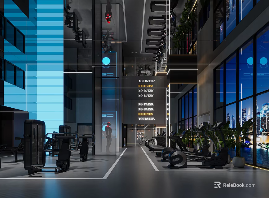 Modern Fitness Gym Interior With Workout Equipment And City View Windows 3d model 