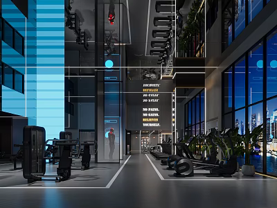 Modern Fitness Gym Interior With Workout Equipment And City View Windows 3d model