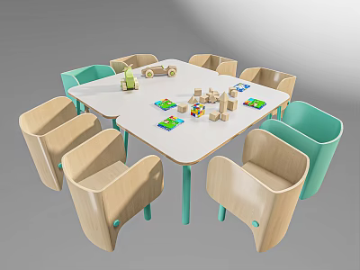 Kids Table with Wooden and Green Chairs Featuring Building Blocks Colorful Cards and Toy Car 3d model