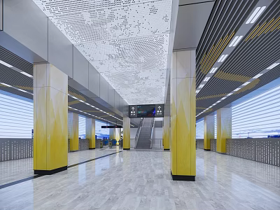 Modern Station Hall With Yellow Pillars Marble Floor And Escalator Perforated Ceiling Bright Spacious Interior 3d model