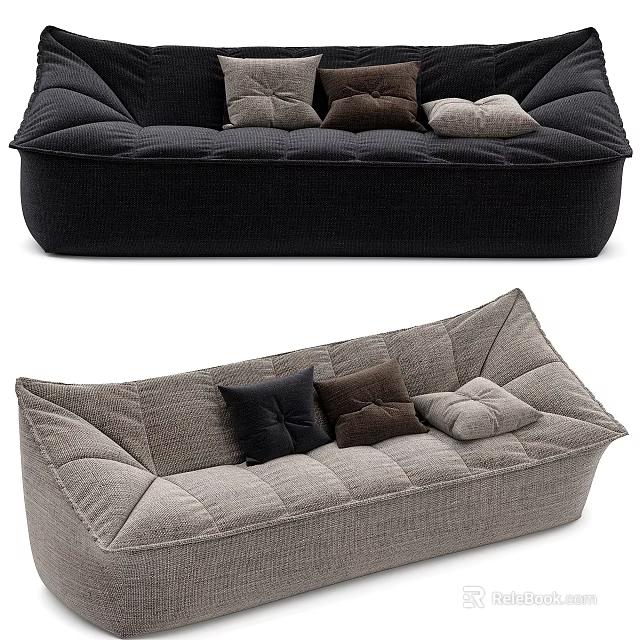 Modern Three Seater Sofa With Black Gray Upholstery Stitched Details And Decorative Cushions 3d model 