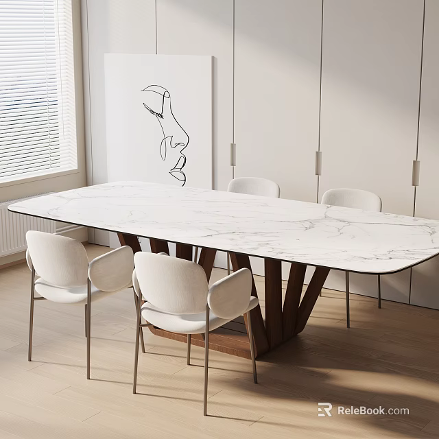 Modern Bright Dining Table Set With Marble Top White Chairs Wall Art And Window Blinds 3d model 