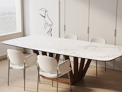 Modern Bright Dining Table Set With Marble Top White Chairs Wall Art And Window Blinds 3d model