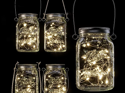Set of Hanging Decorative Lights in Mason Jars with Warm Glow for Cozy Ambiance 3d model