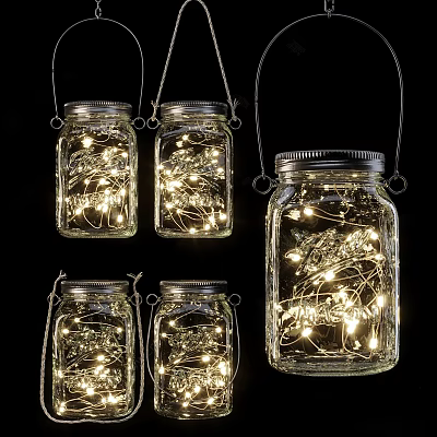 Set of Hanging Decorative Lights in Mason Jars with Warm Glow for Cozy Ambiance 3d model