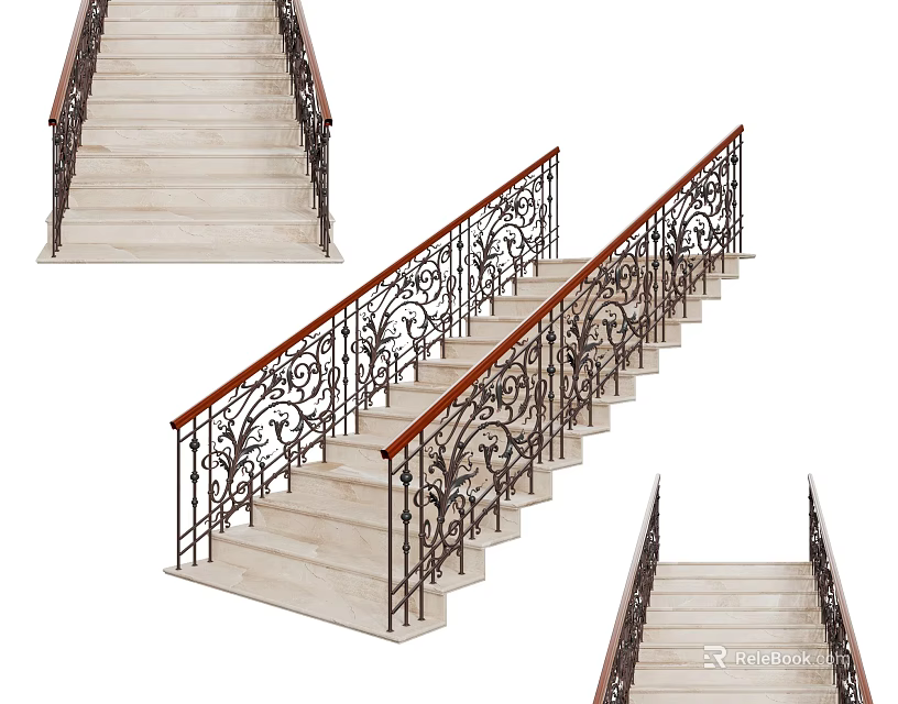 Elegant Staircase Design With Wrought Iron Railings Light Colored Steps And Intricate Patterns 3d model