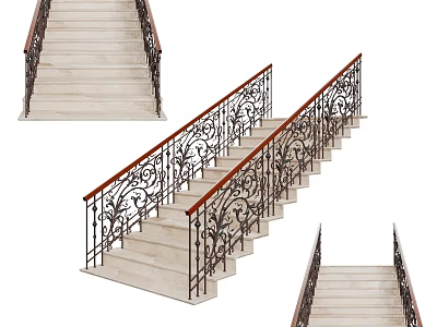 Elegant Staircase Design With Wrought Iron Railings Light Colored Steps And Intricate Patterns 3d model