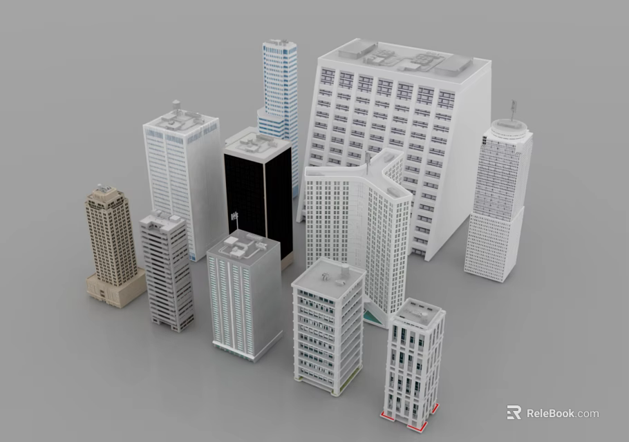 Various Modern Office Buildings Featuring Different Exterior Designs Architectural Styles And Heights 3d model
