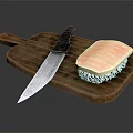 Fresh Salmon Fillet on Wooden Cutting Board with Sharp Kitchen Knife