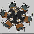 Round Dining Table Set With Six Chairs Tableware And Flower Arrangement 3d model