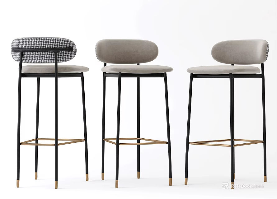 Modern Style Bar Stools With Grey Upholstered Seats Black Metal Frames And Golden Leg Accents 3d model 