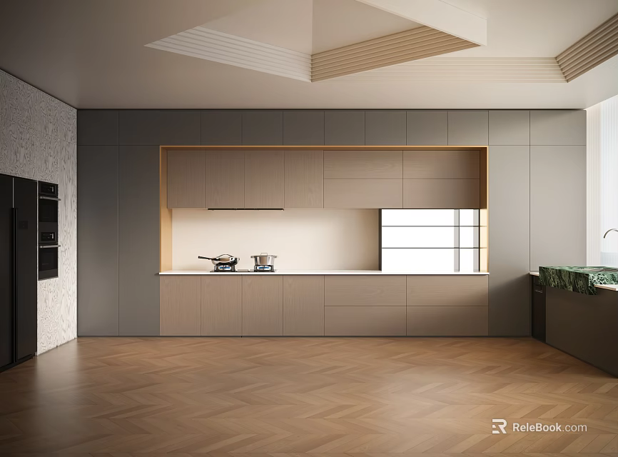 Modern Kitchen Interior With Light Gray Cabinets Wooden Island And Herringbone Floor 3d model 