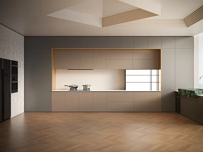Modern Kitchen Interior With Light Gray Cabinets Wooden Island And Herringbone Floor 3d model