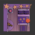 Cartoon Purple Themed Room With Star Decorations Starry Window Telescope And Cartoon Character On Bed