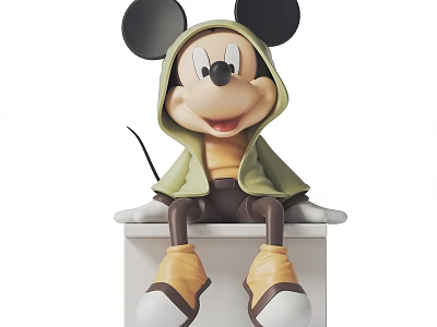 Mickey Mouse Sculpture Wearing Green Hoodie Yellow Top Brown Pants On White Platform 3d model