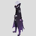 Man With Silver Hair Wearing Black Coat Purple Cape Black Pants And Purple Striped Socks