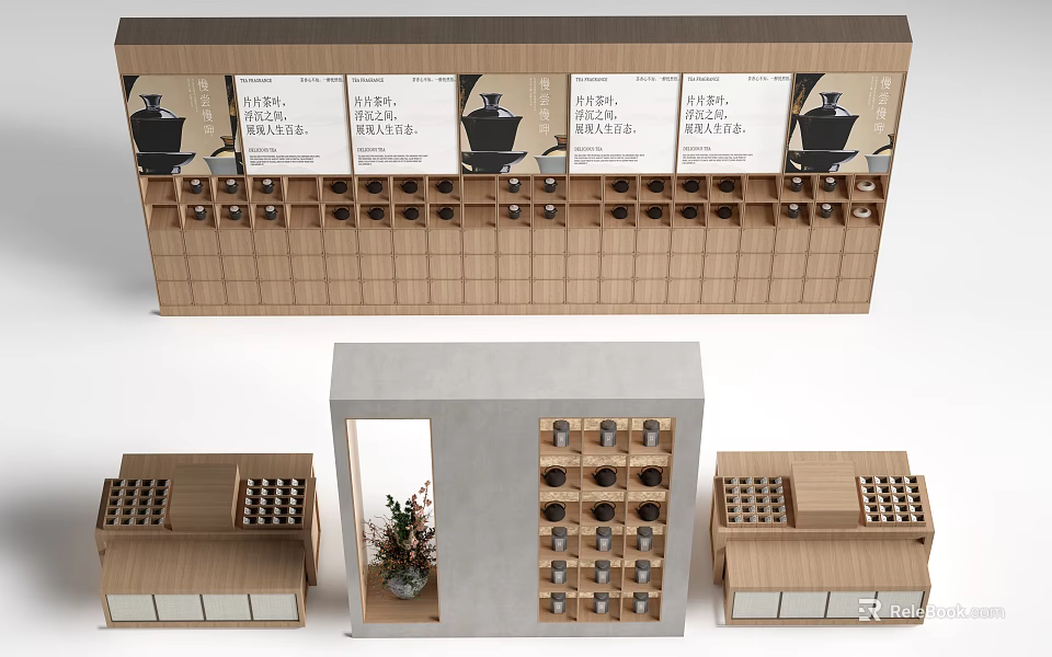Solid Wood Tea Display Shelf And Custom Showcase Set For Tea Shop Merchandise 3d model 