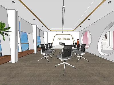 Modern Meeting Room Interior With Conference Table Chairs Large Windows And Green Plant 3d model