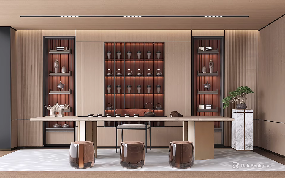 Modern Tea Room Interior Design With Display Shelves Tea Sets And Round Stools 3d model