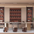 Modern Tea Room Interior Design With Display Shelves Tea Sets And Round Stools 3d model