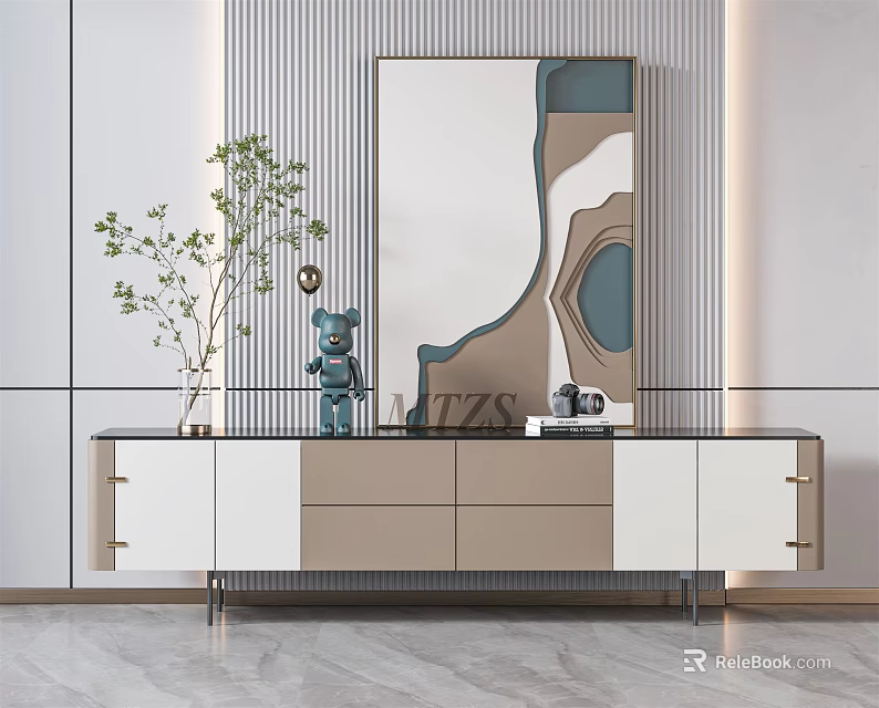 Modern TV Cabinet With Sleek Design Decorative Figurine Potted Plant And Wall Art 3d model 