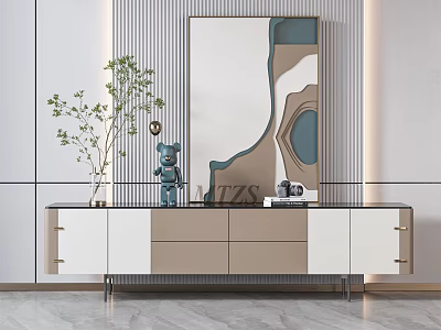Modern TV Cabinet With Sleek Design Decorative Figurine Potted Plant And Wall Art 3d model