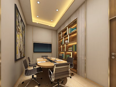 Modern Business Conference Room With Round Table Office Chairs Bookshelf And Large Screen 3d model