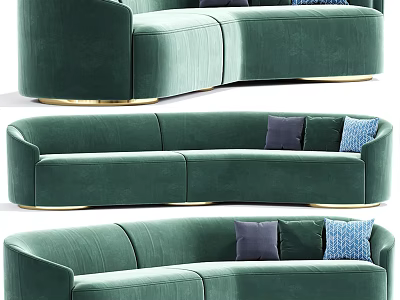 Green Velvet Curved Sectional Sofa With Gold Base And Decorative Pillows 3d model