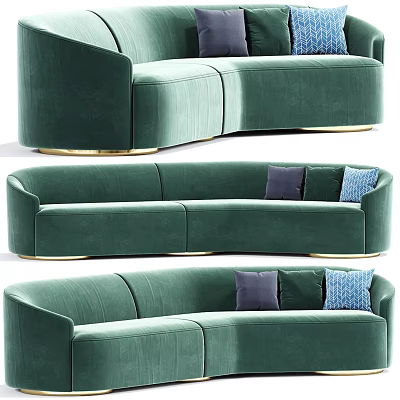 Green Velvet Curved Sectional Sofa With Gold Base And Decorative Pillows 3d model