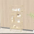 Multi Layer Storage Shelf With Glass Jars And Containers Against Wooden Wall With Green Plant