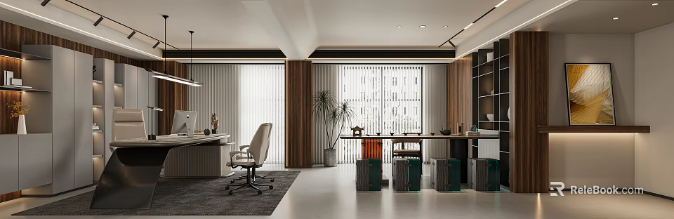 Modern Office Interior With Ergonomic Chair Desk Large Window Potted Plant And File Cabinets 3d model 