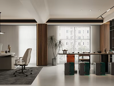 Modern Office Interior With Ergonomic Chair Desk Large Window Potted Plant And File Cabinets 3d model