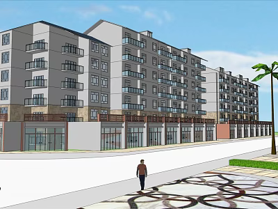Multi Story Apartment Building With Balconies Ground Floor Shops Person Walking And Palm Tree 3d model