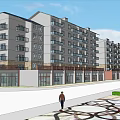 Multi Story Apartment Building With Balconies Ground Floor Shops Person Walking And Palm Tree
