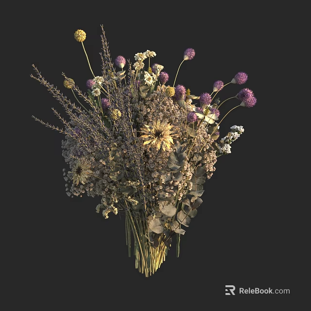 Dried Flower Bouquet in Vase with Purple White and Yellow Blooms and Green Foliage 3d model 