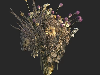 Dried Flower Bouquet in Vase with Purple White and Yellow Blooms and Green Foliage 3d model
