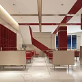 Red And White Restaurant Interior Design With Tables Chairs And Decorative Walls