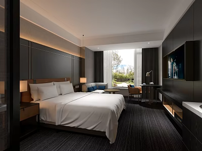 Modern Hotel Guest Room with King Bed White Bedding Dark Furniture and Large Window 3d model
