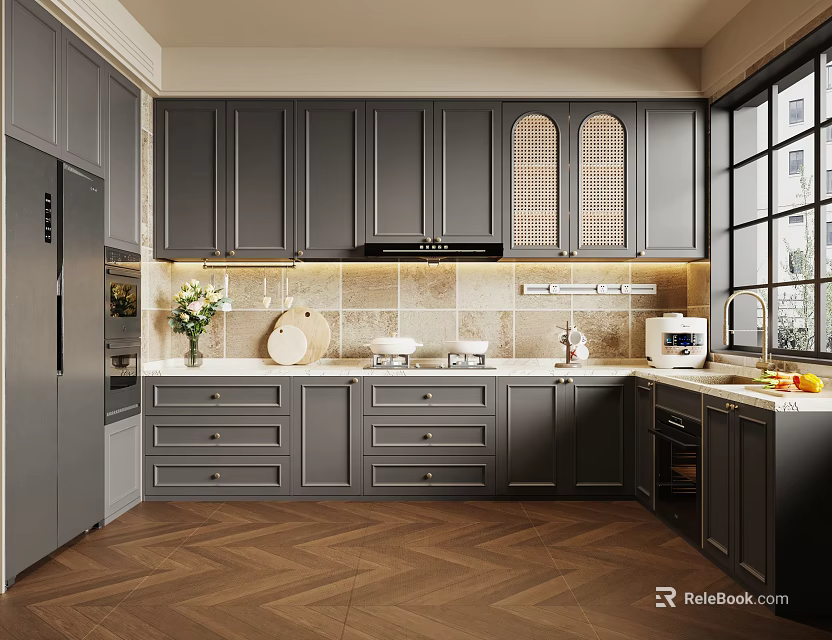Modern Kitchen Interior With Gray Cabinets Herringbone Floor Island Counter And Large Window 3d model 