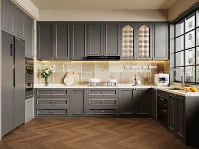 Modern Kitchen Interior With Gray Cabinets Herringbone Floor Island Counter And Large Window 3d model