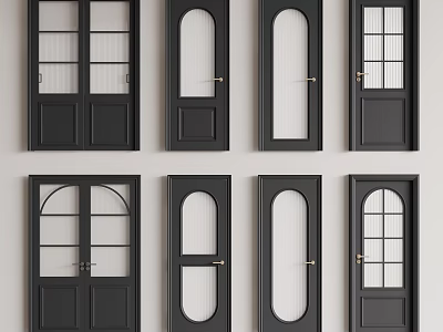 Black Hinged Doors with Various Designs Glass Panels Arched Rectangular and Metal Handles 3d model