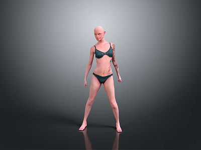 Bald Woman Wearing Green Bikini With Arm Tattoo on Reflective Floor Against Gray Background 3d model