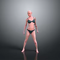 Bald Woman Wearing Green Bikini With Arm Tattoo on Reflective Floor Against Gray Background